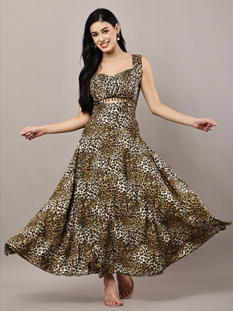 Wild Safari Animal Print Sleeveless Sweetheart Neck Maxi Dress with Front Cut-Out Detail